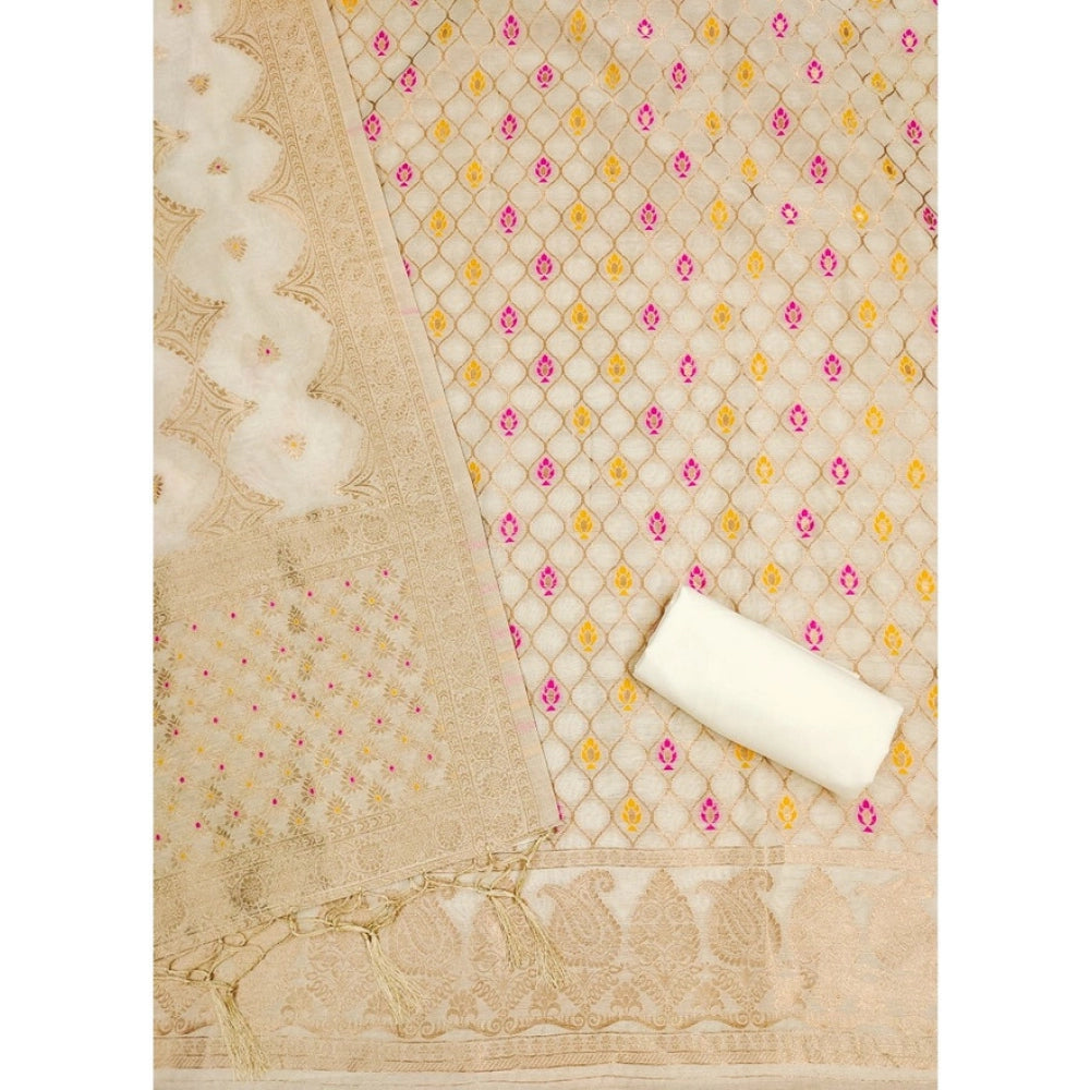 Generic Women's Banarasi Silk Printed Unstitched Salwar Suit Material With Dupatta (White, 3Mtrs)