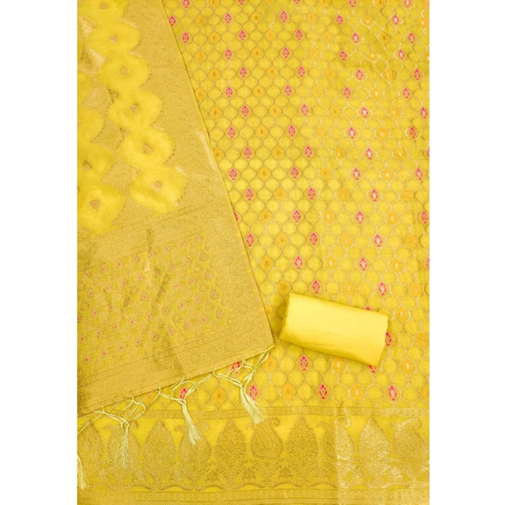 Generic Women's Banarasi Silk Printed Unstitched Salwar Suit Material With Dupatta (Yellow, 3Mtrs)