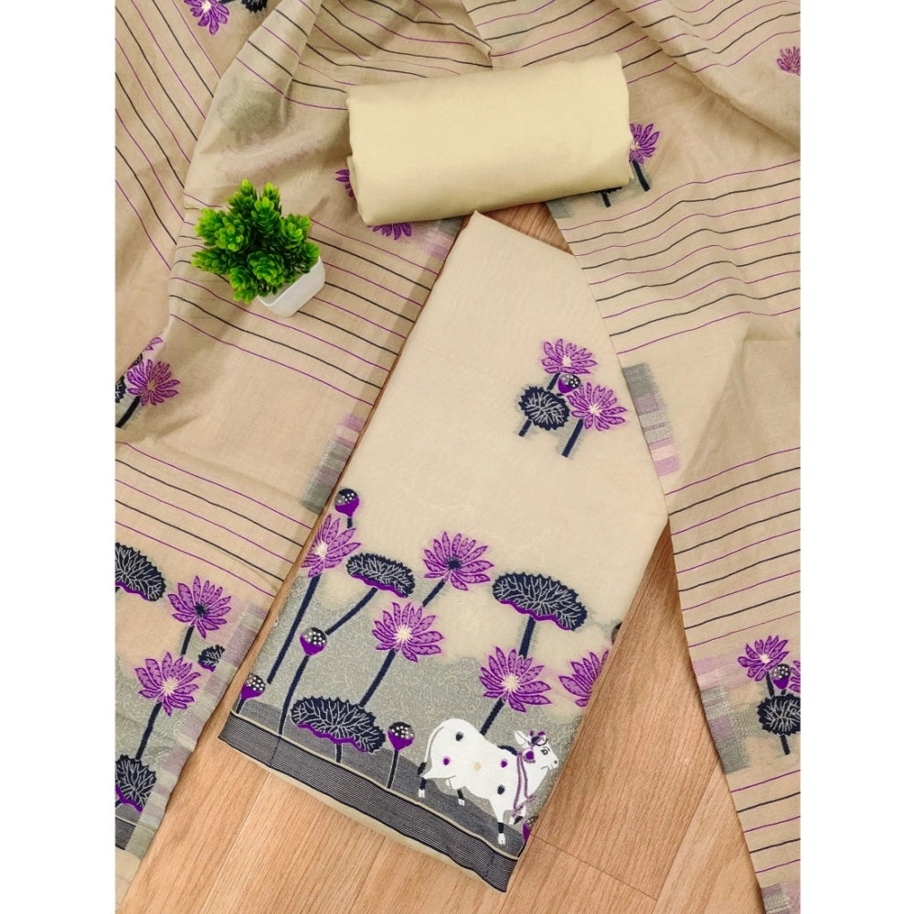 Generic Women's Banarasi Silk Printed Unstitched Salwar Suit Material With Dupatta (Cream, 3Mtrs)