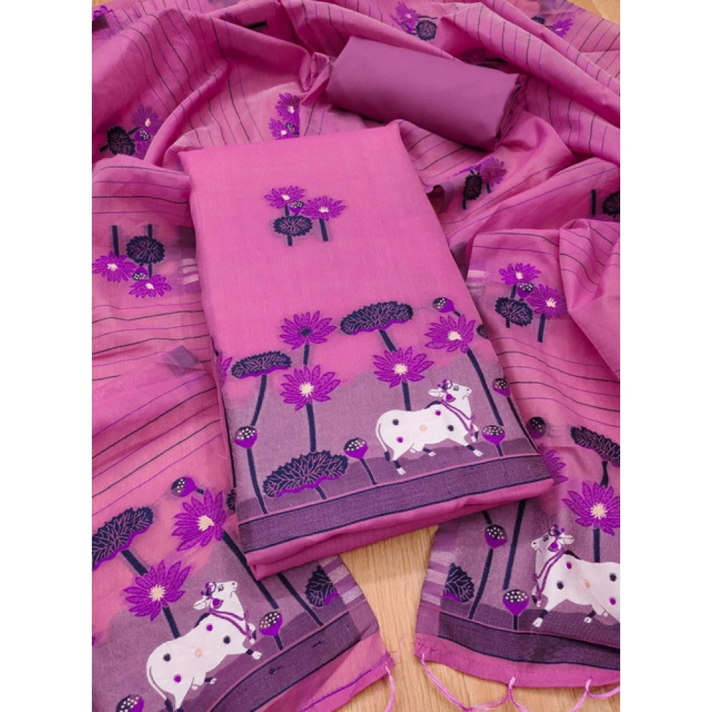 Generic Women's Banarasi Silk Printed Unstitched Salwar Suit Material With Dupatta (Pink, 3Mtrs)