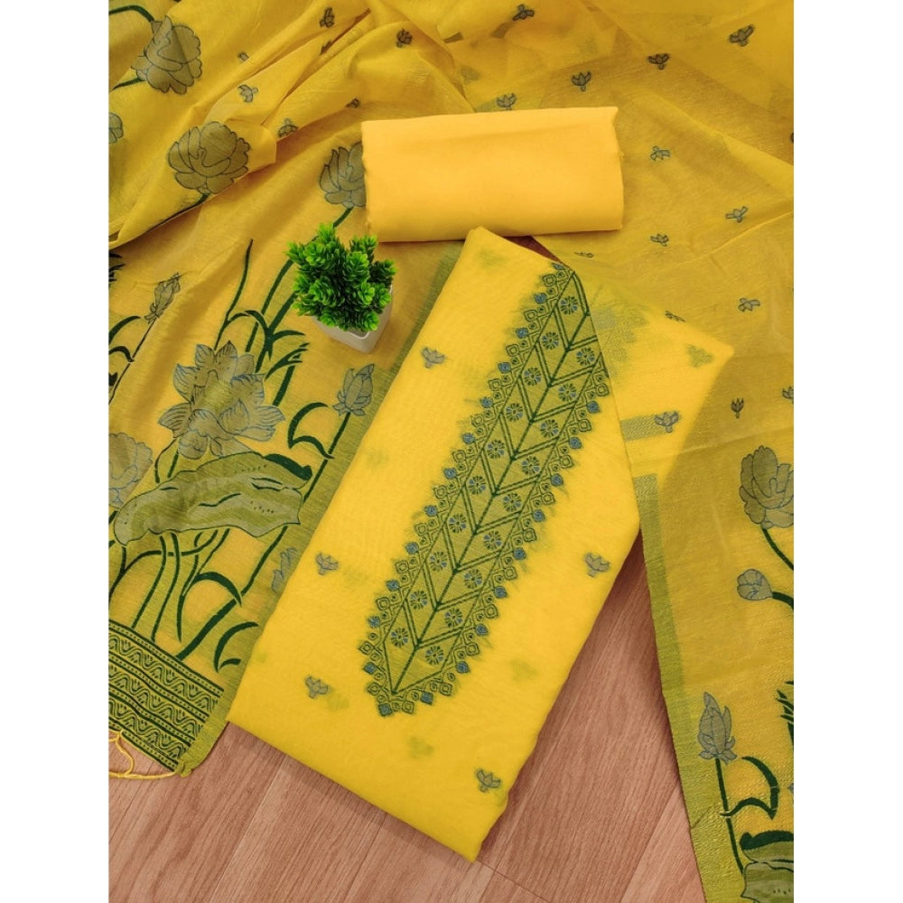 Generic Women's Banarasi Silk Printed Unstitched Salwar Suit Material With Dupatta (Yellow, 3Mtrs)
