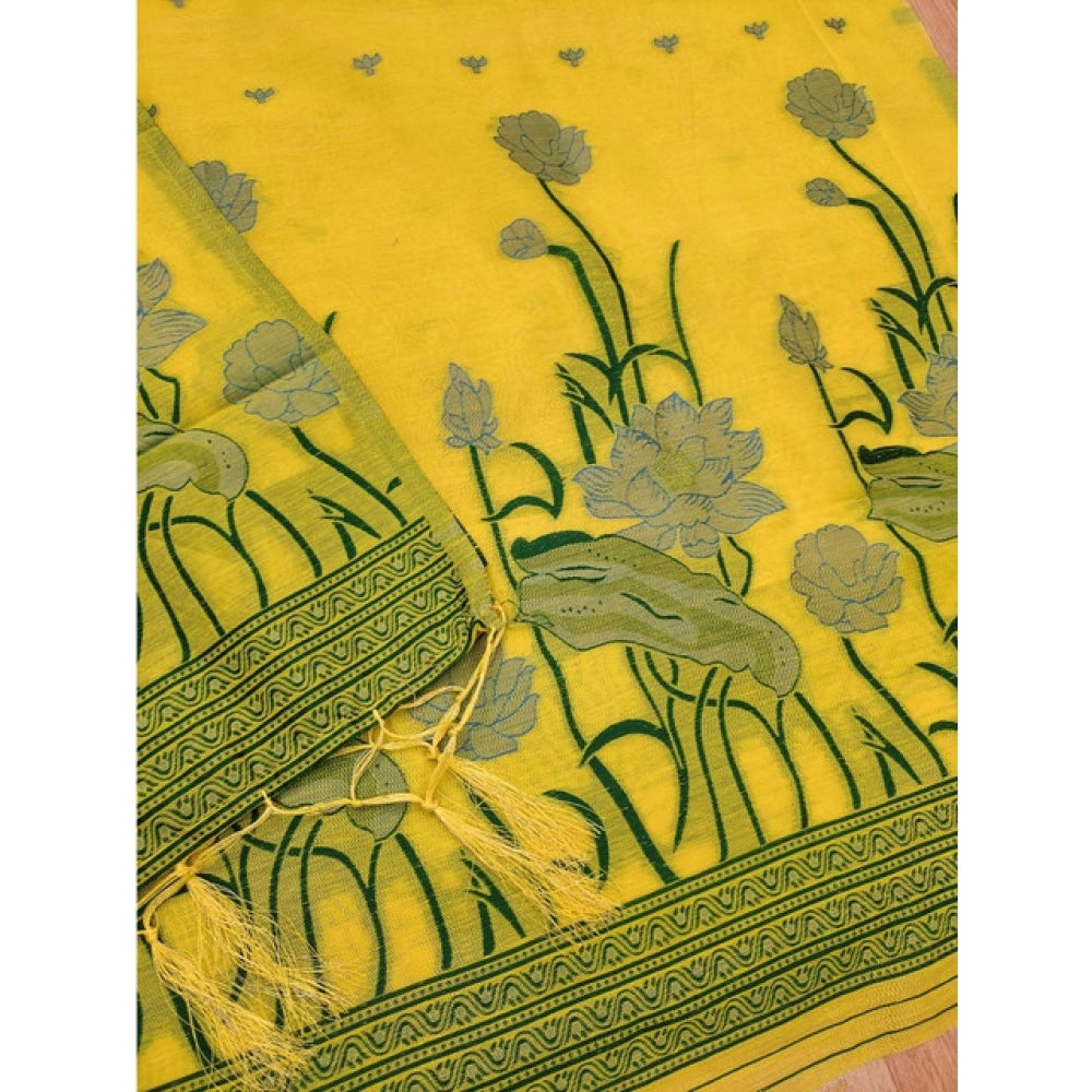 Generic Women's Banarasi Silk Printed Unstitched Salwar Suit Material With Dupatta (Yellow, 3Mtrs)