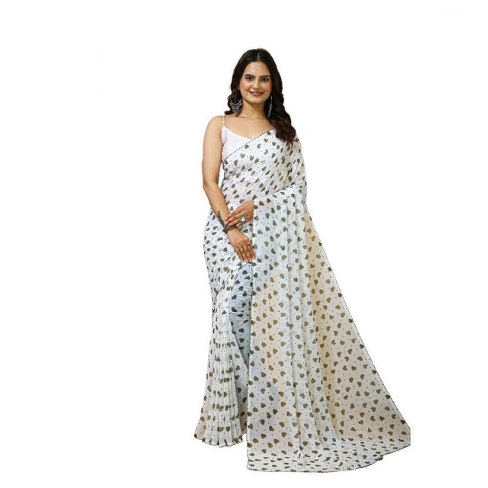 Generic Women's Georgette Printed Saree With Unstitched Blouse 5.5Mtr (White-Grey)