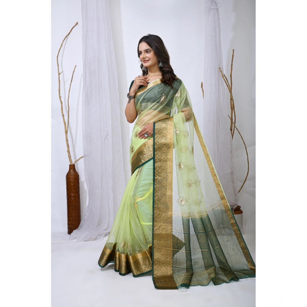 Generic Women's Organza jacquard Embellished Saree With Unstitched Blouse 5.5Mtr (Light Green)