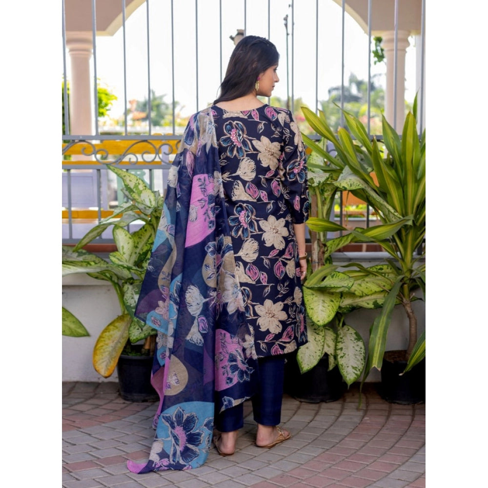 Generic Women's Cotton Blend Printed Kurti With Pant Dupatta Set (NavyBlue)