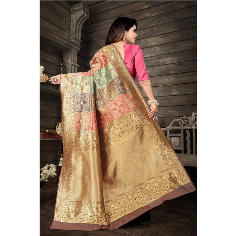 Generic Women's Soft Lichi Silk Printed Saree With Unstitched Blouse 5.5Mtr (Gold)