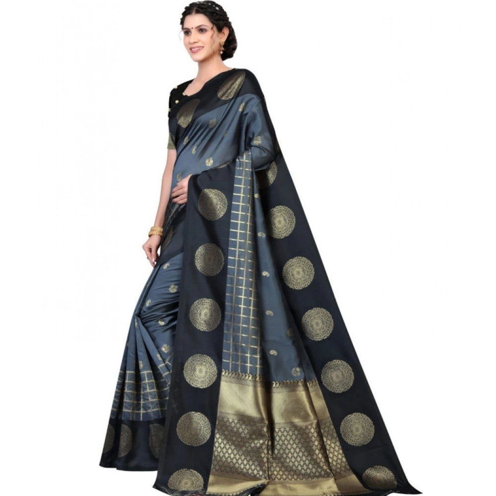Generic Women's Soft Lichi Silk Printed Saree With Unstitched Blouse 5.5Mtr (Black)