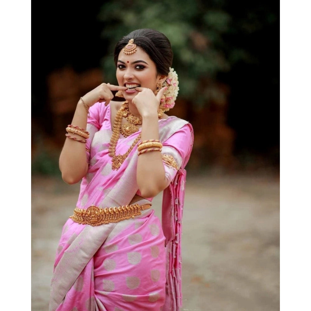 Generic Women's Soft Lichi Silk Printed Saree With Unstitched Blouse 5.5Mtr (Pink)