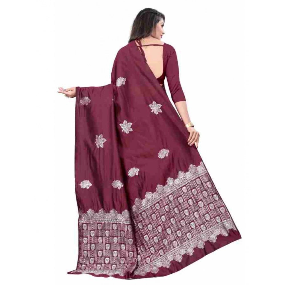 Generic Women's Soft Lichi Silk Printed Saree With Unstitched Blouse 5.5Mtr (Wine)