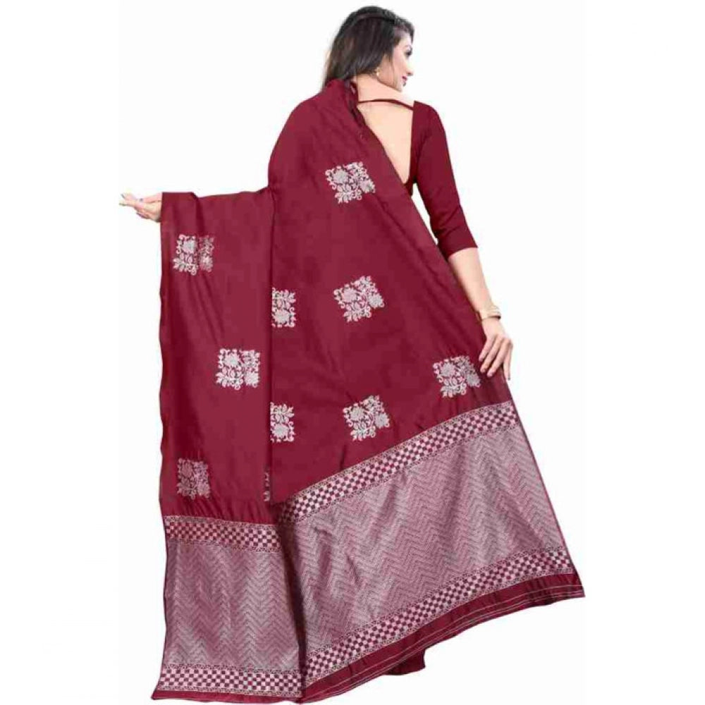 Generic Women's Soft Lichi Silk Printed Saree With Unstitched Blouse 5.5Mtr (Maroon)