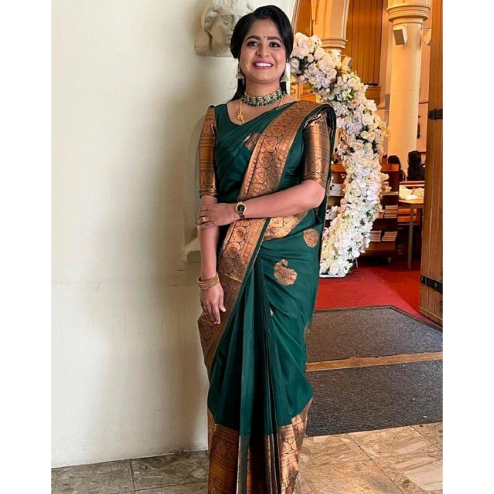Generic Women's Soft Lichi Silk Printed Saree With Unstitched Blouse 5.5Mtr (Green)