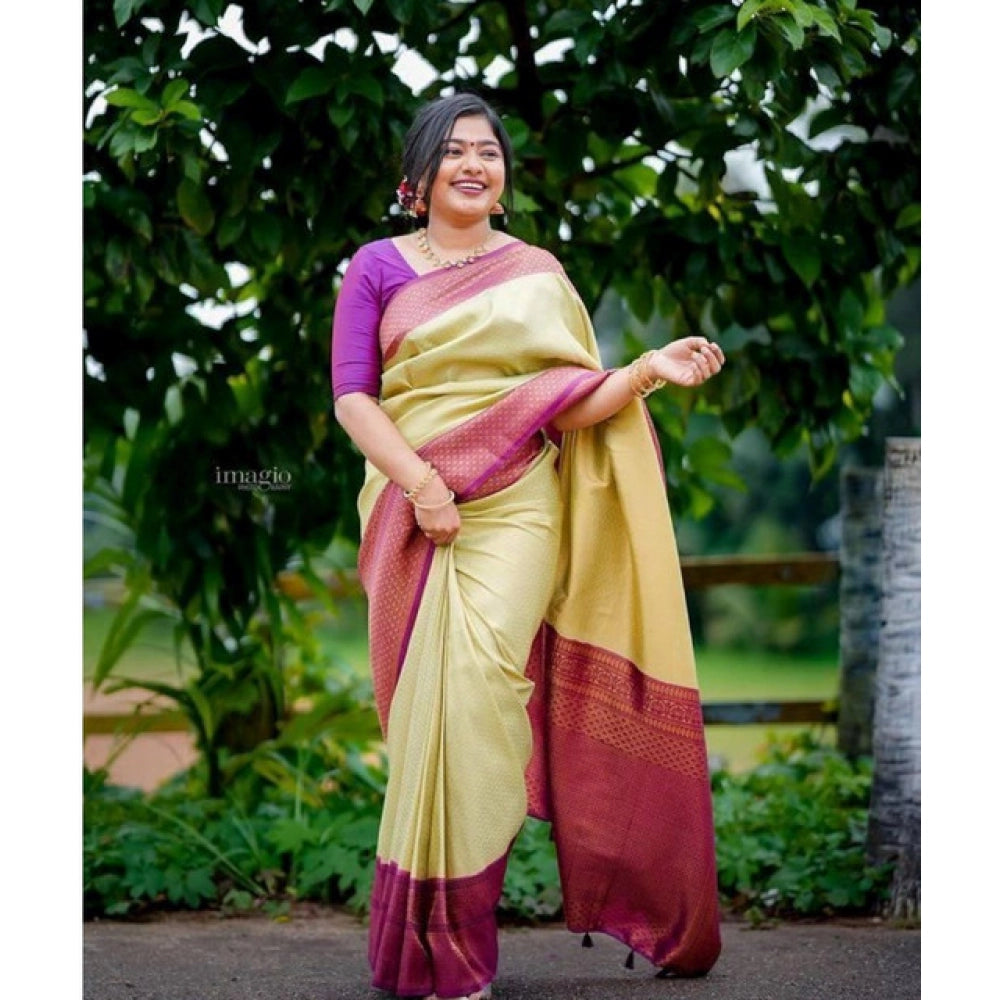 Generic Women's Soft Lichi Silk Printed Saree With Unstitched Blouse 5.5Mtr (Light-Green)