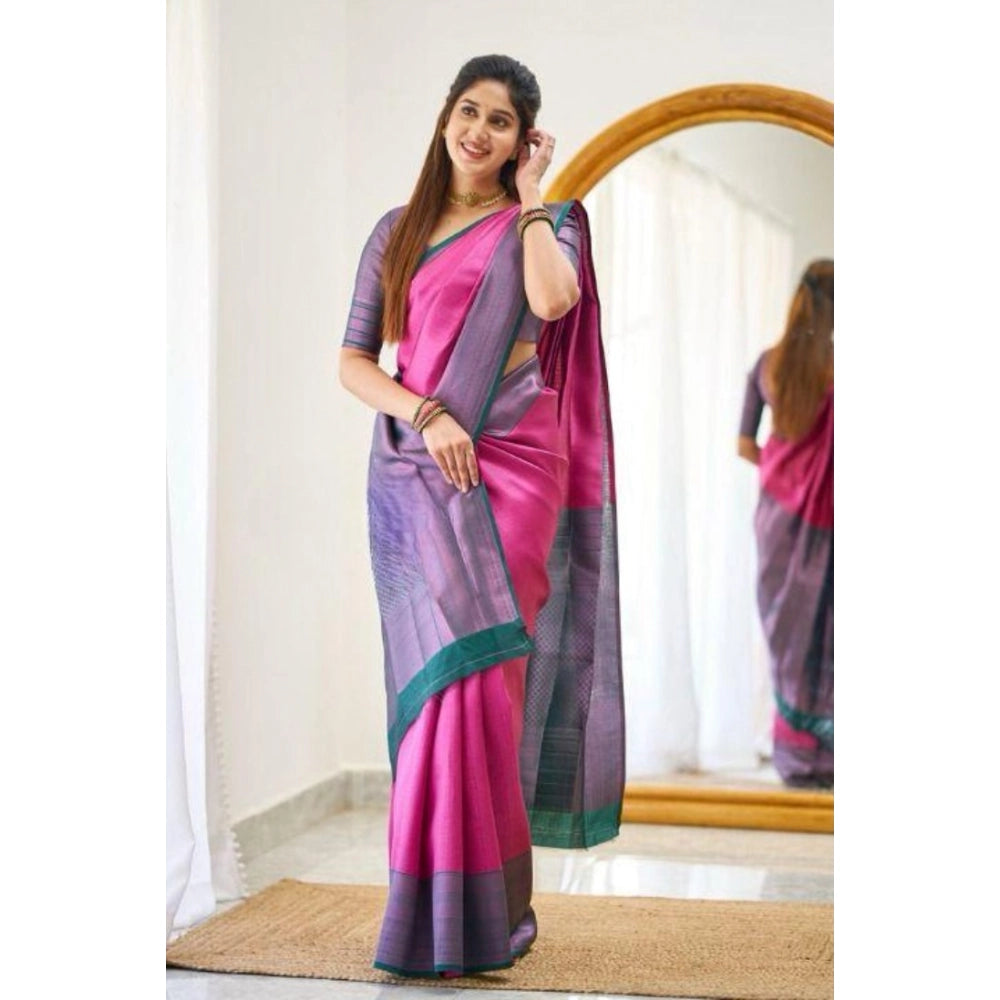 Generic Women's Soft Lichi Silk Printed Saree With Unstitched Blouse 5.5Mtr (Pink)