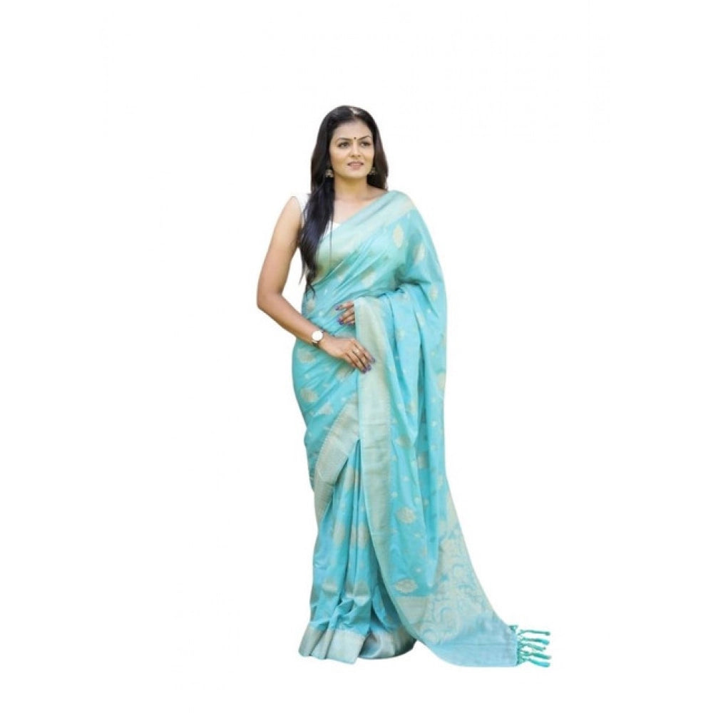 Generic Women's Soft Lichi Silk Printed Saree With Unstitched Blouse 5.5Mtr (Sky-Blue)