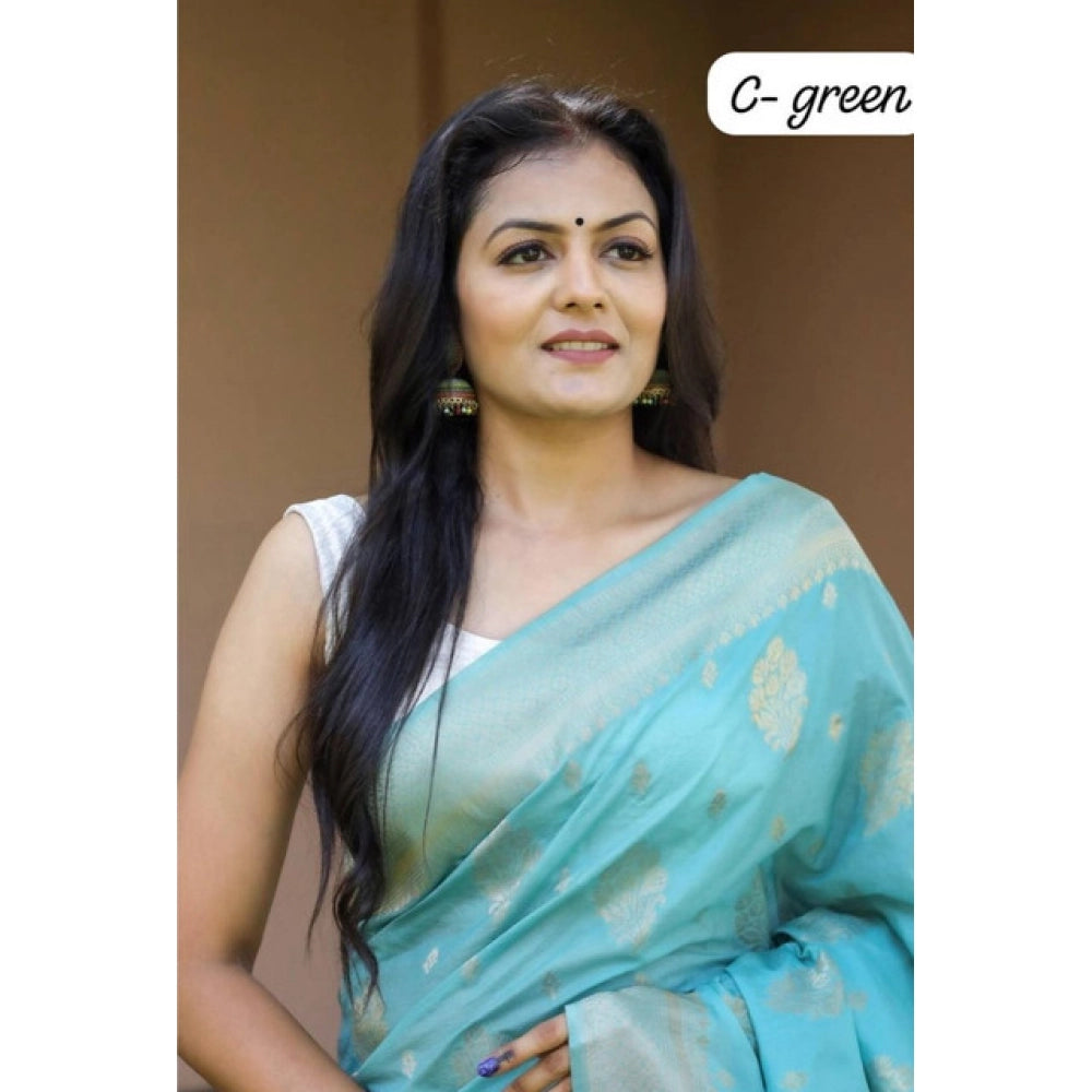Generic Women's Soft Lichi Silk Printed Saree With Unstitched Blouse 5.5Mtr (Sky-Blue)