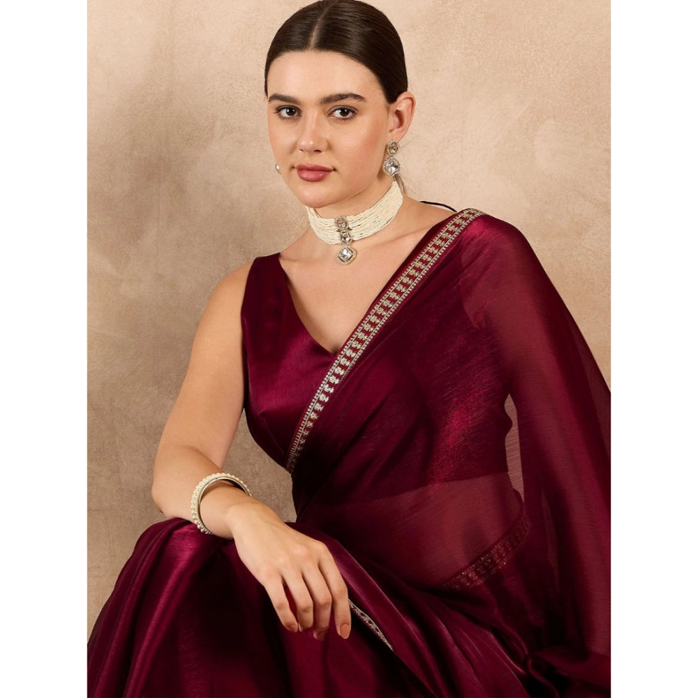 Generic Women's Jimmy Choo solid Saree With Unstitched Blouse 5.5Mtr (Wine )