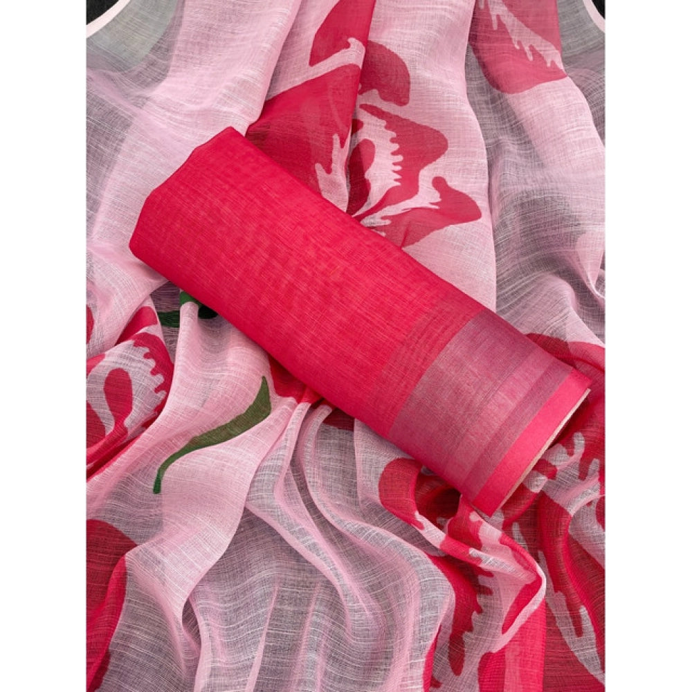 Generic Women's Linen Cotton  Printed Saree With Unstitched Blouse 5.5Mtr (Pink)