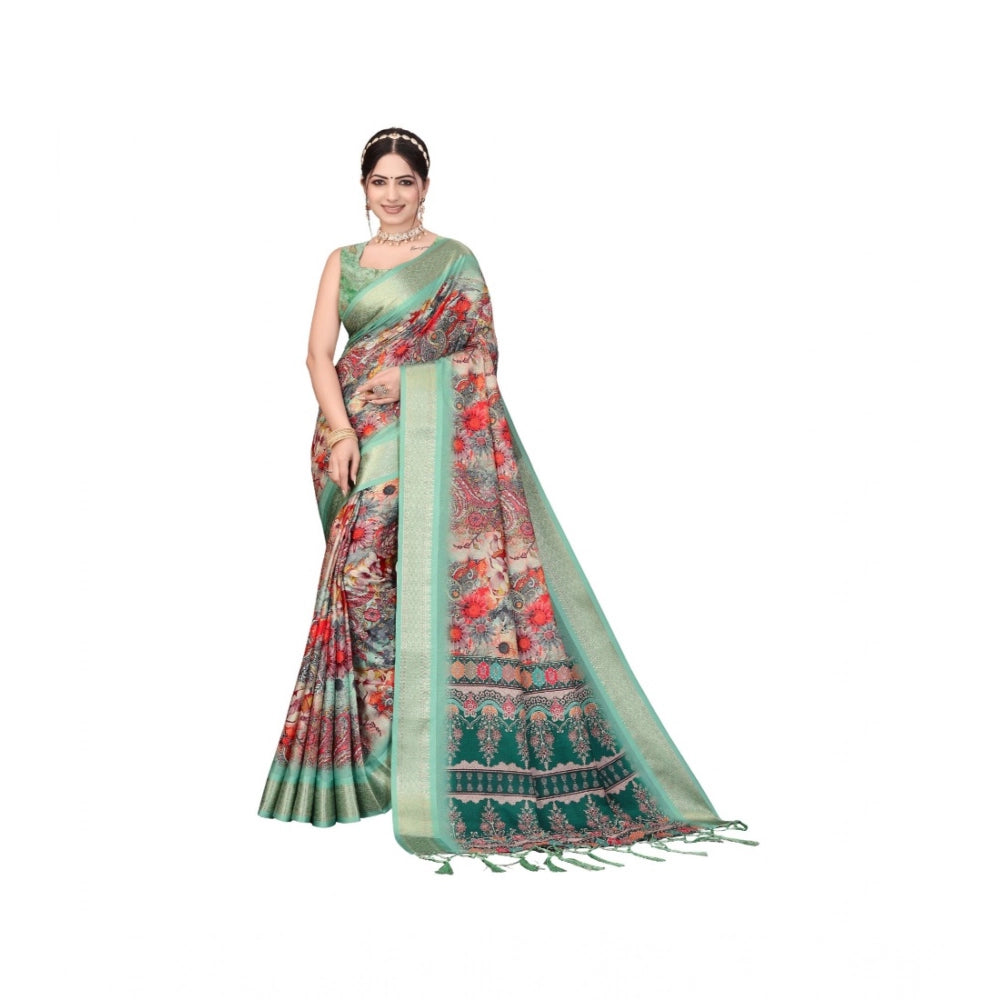 Generic Women's Cotton Silk  Printed Saree With Unstitched Blouse 5.5Mtr (Light Green)