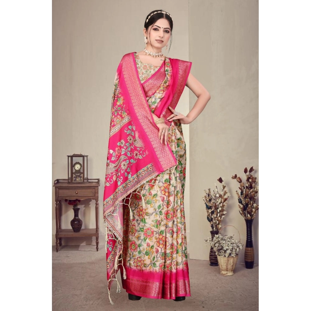 Generic Women's Cotton Silk  Printed Saree With Unstitched Blouse 5.5Mtr (Pink)