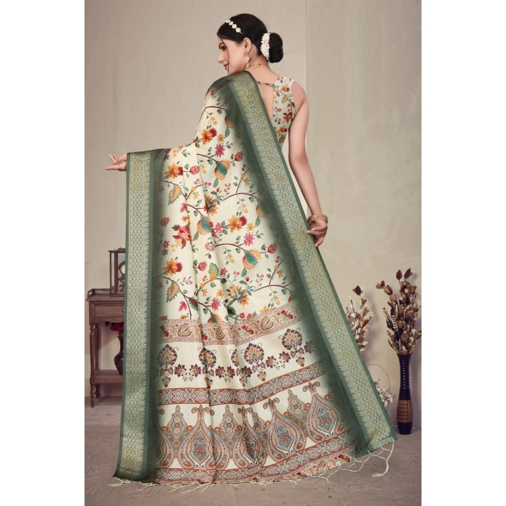 Generic Women's Cotton Silk  Printed Saree With Unstitched Blouse 5.5Mtr (Green)