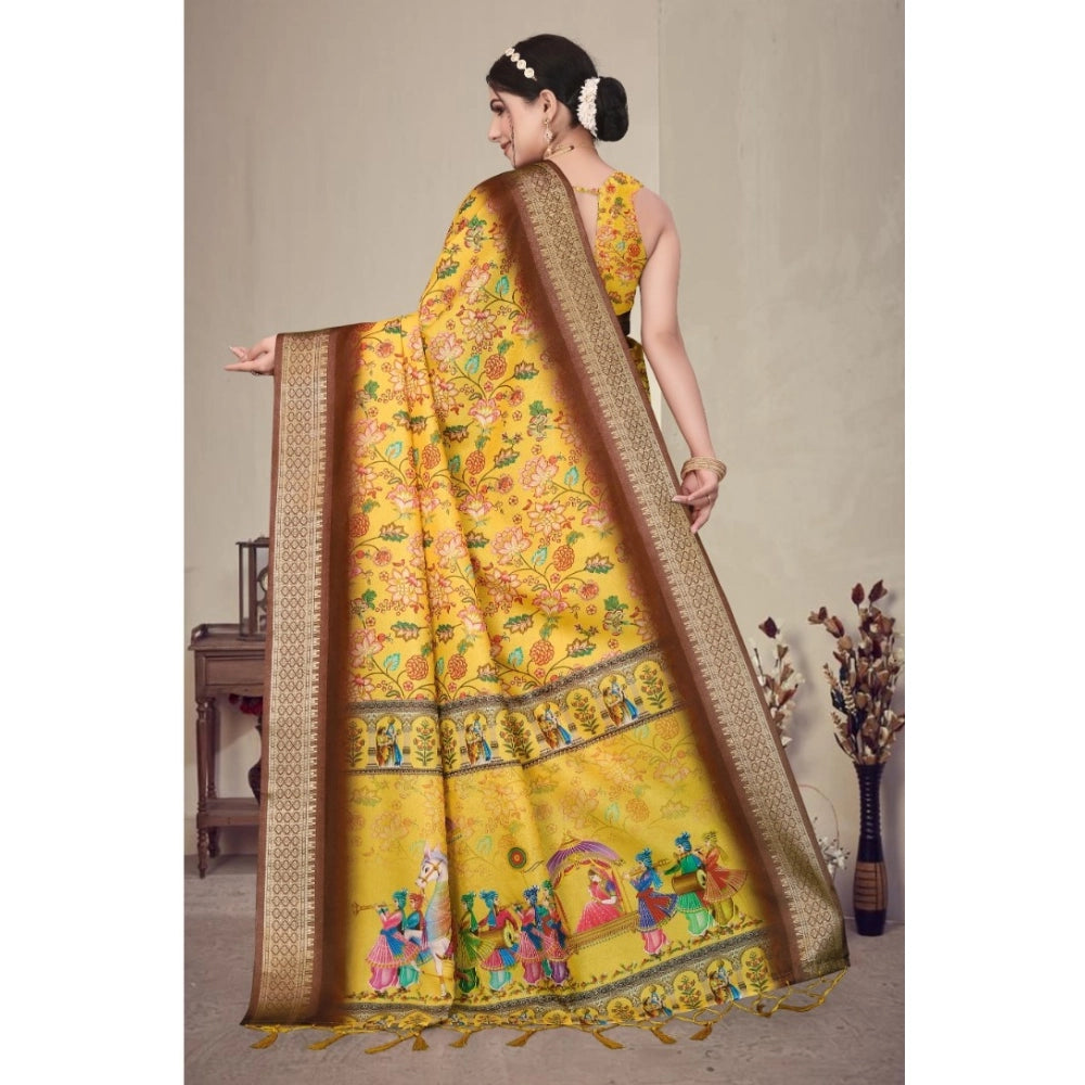 Generic Women's Cotton Silk  Printed Saree With Unstitched Blouse 5.5Mtr (Yellow)