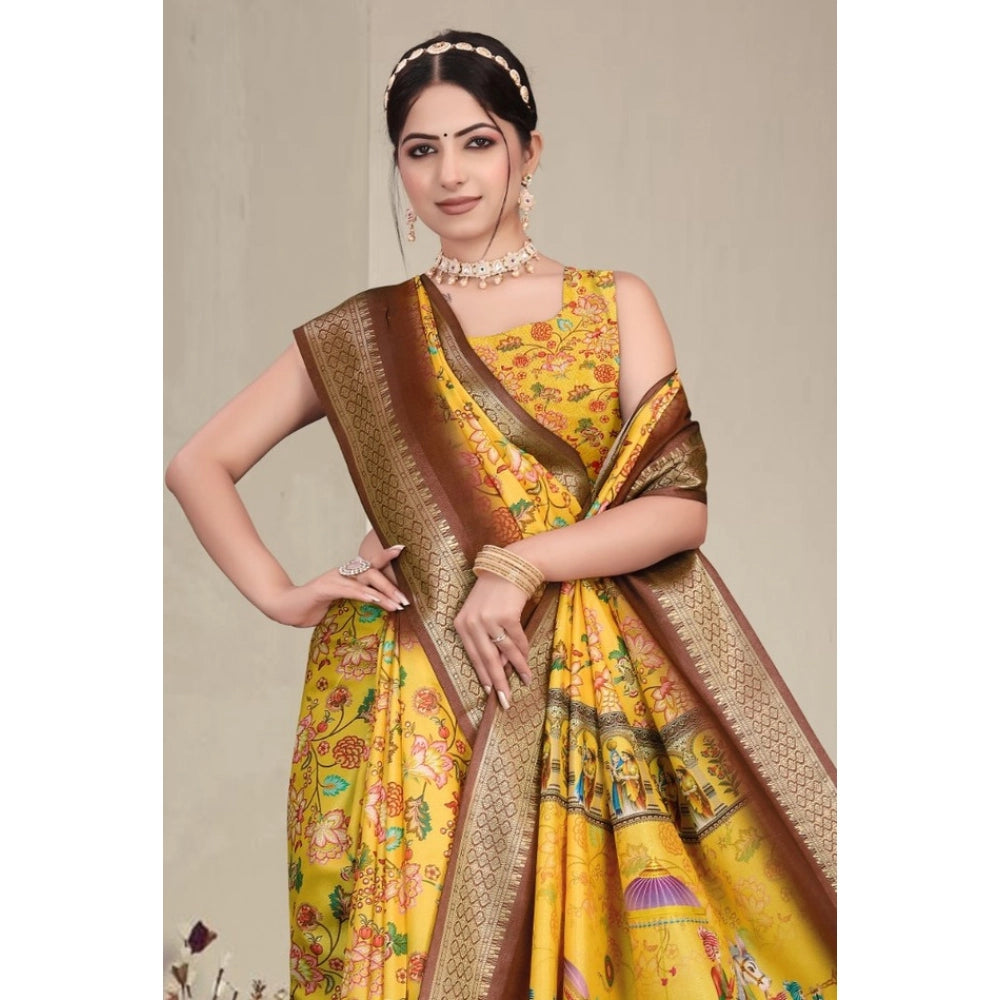 Generic Women's Cotton Silk  Printed Saree With Unstitched Blouse 5.5Mtr (Yellow)