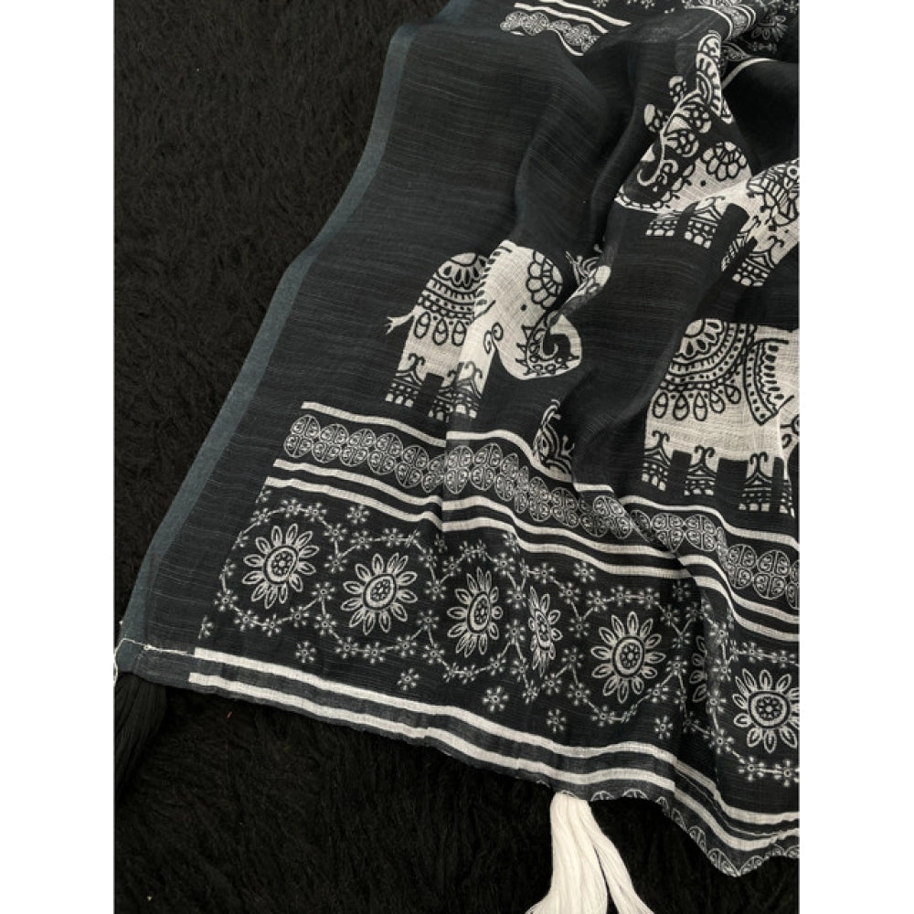 Generic Women's Linen Cotton Printed Saree With Unstitched Blouse 5.5Mtr (Black)