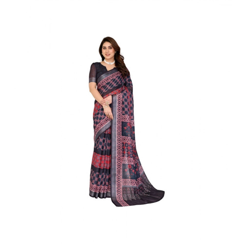 Generic Women's Linen Cotton  Printed Saree With Unstitched Blouse 5.5Mtr (Black)