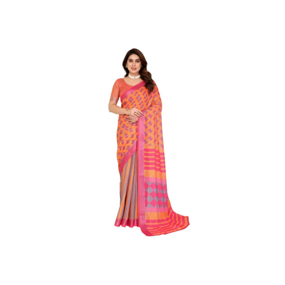 Generic Women's Linen Cotton  Printed Saree With Unstitched Blouse 5.5Mtr (Orange )