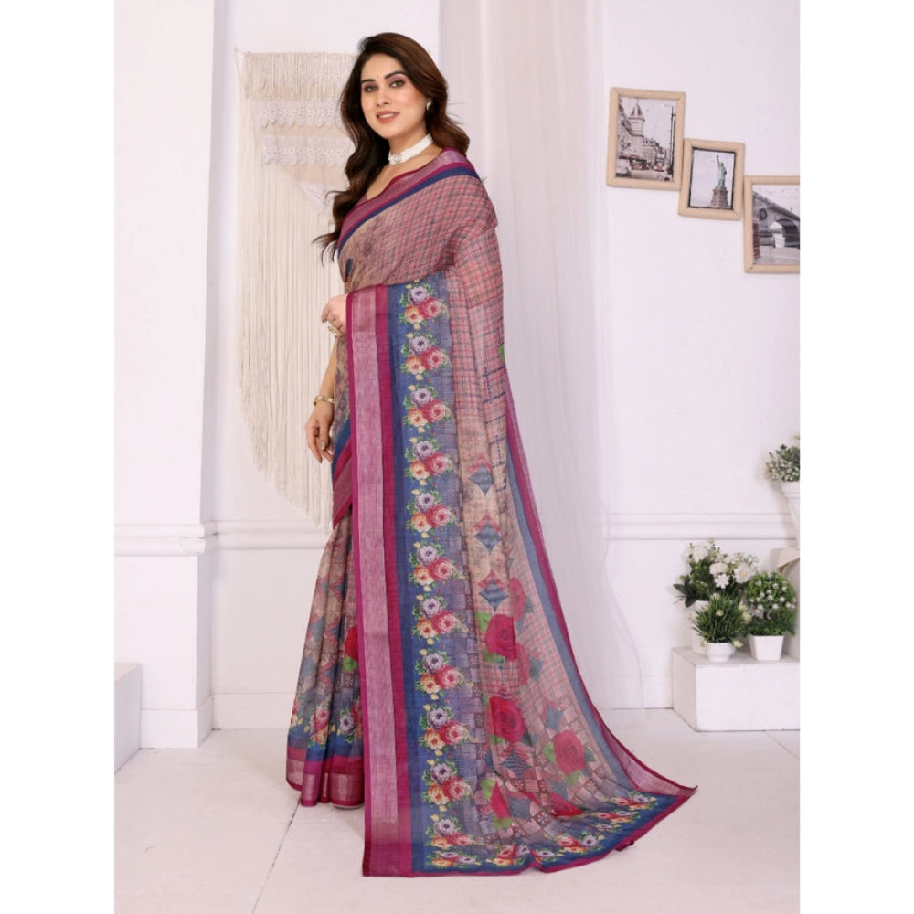 Generic Women's Linen Cotton  Printed Saree With Unstitched Blouse 5.5Mtr (Wine )
