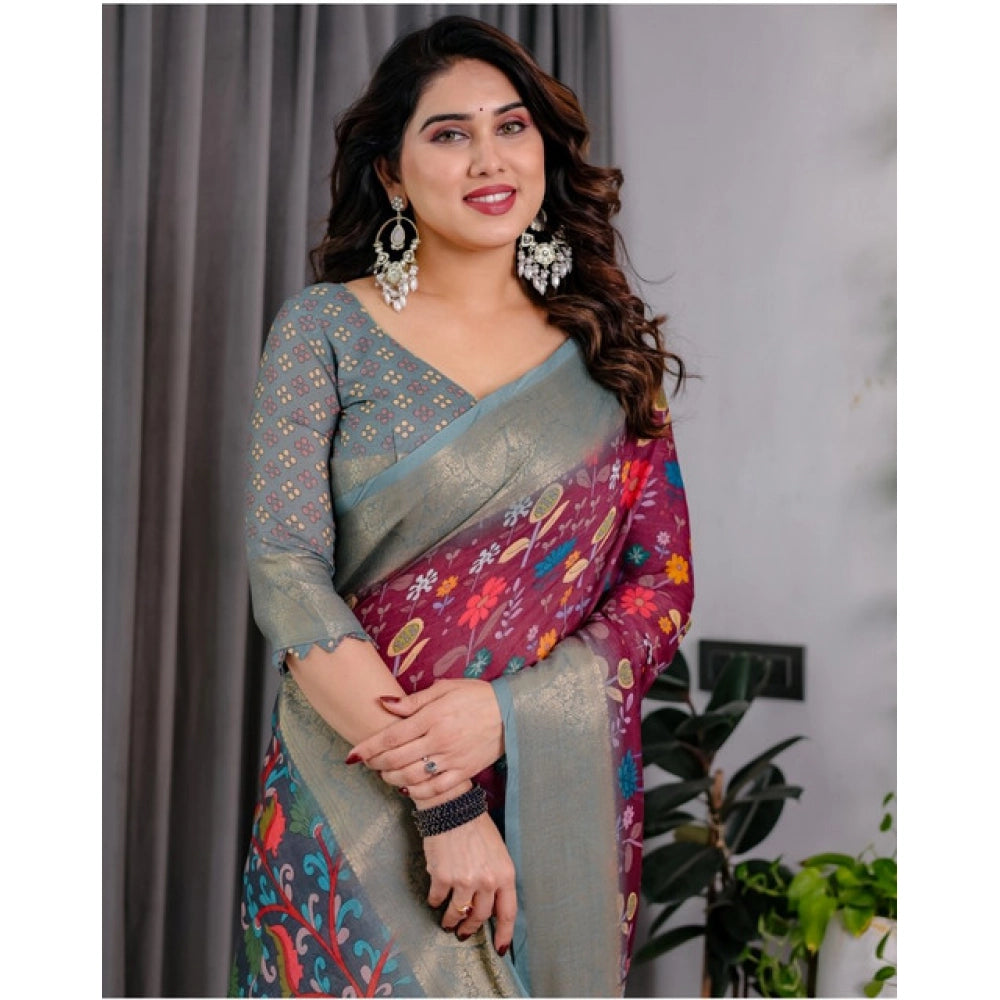 Generic Women's Linen  Printed Saree With Unstitched Blouse 5.5Mtr (Purple)