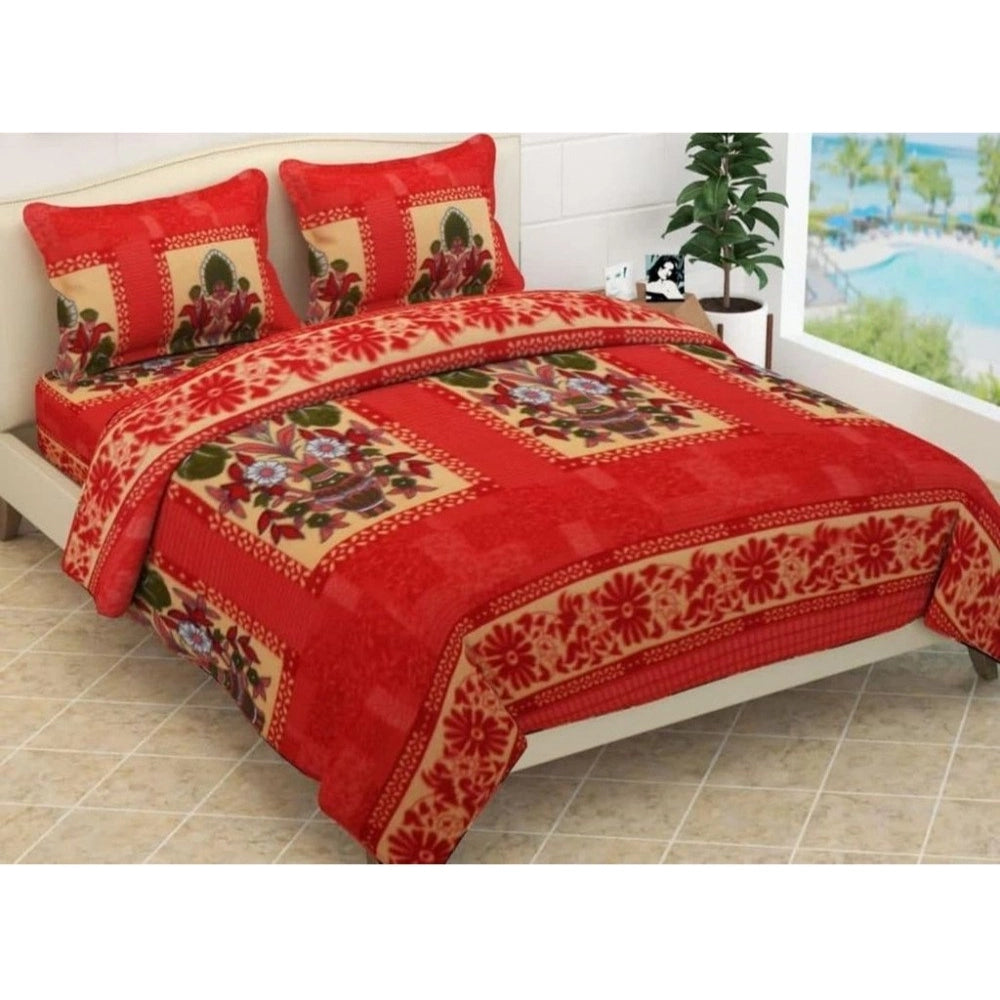Generic Fleece Floral Printed Double Polar Warm Bedsheet with 2 Pillow Cover (Red)