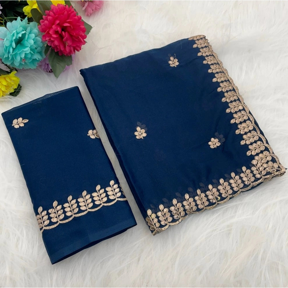 Generic Women's Georgette Embroidered Saree With Unstitched Blouse 5.5Mtr (Blue)