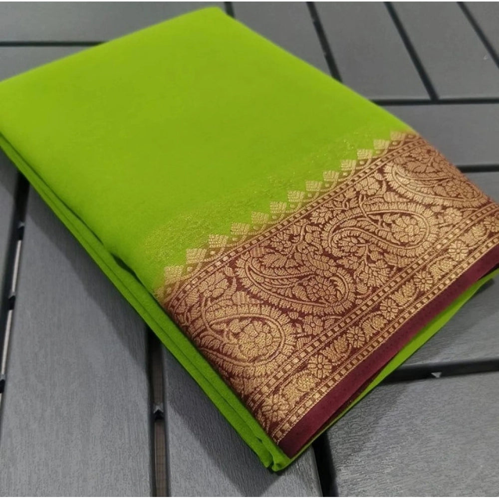 Generic Women's Crepe Chit Pallu Solid Saree With Unstitched Blouse 5.5Mtr (Green)