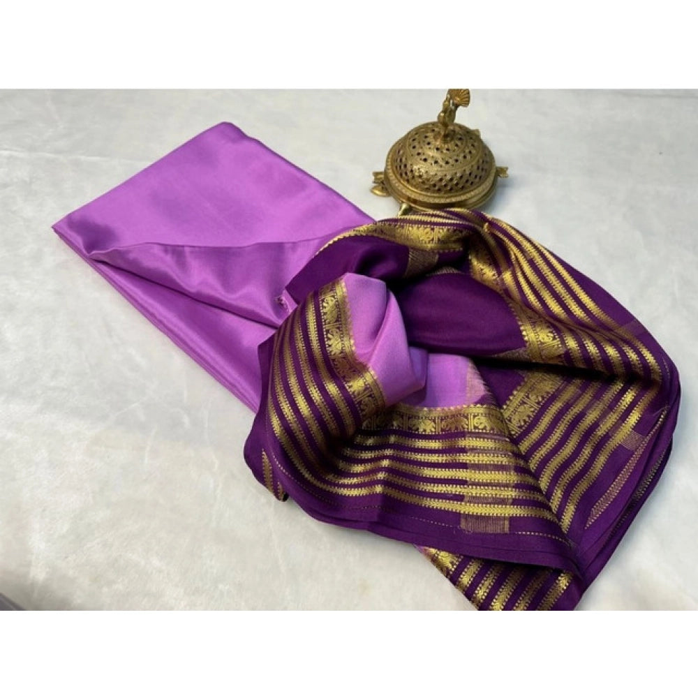Generic Women's Crepe Chit Pallu Solid Saree With Unstitched Blouse 5.5Mtr (Dark Purple)