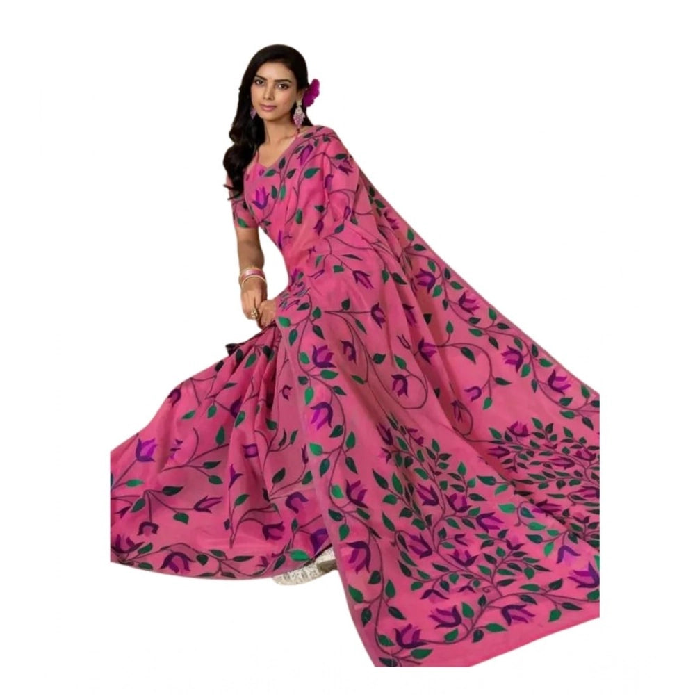 Generic Women's Georgette Printed Saree With Unstitched Blouse 5.5Mtr (Pink)