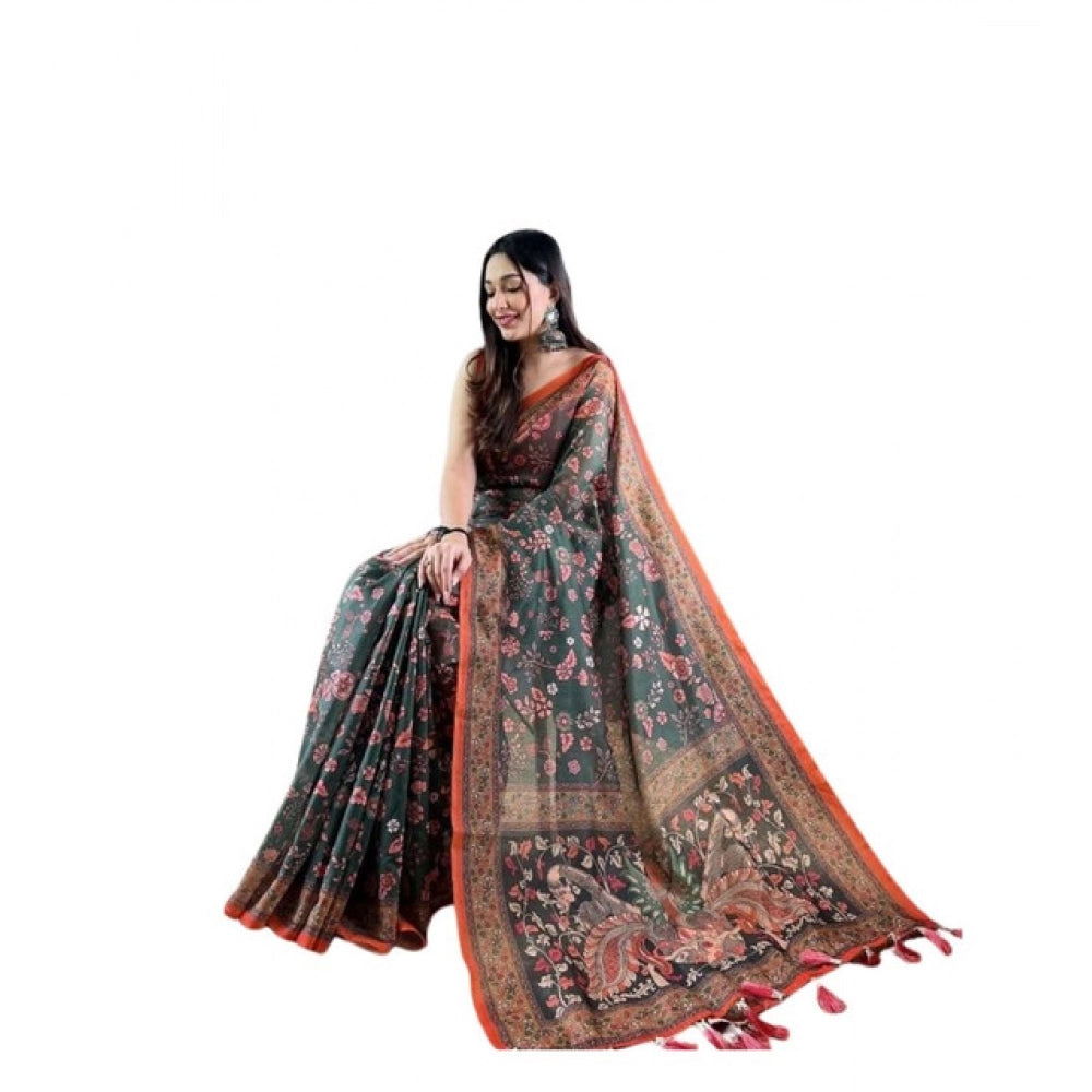 Generic Women's Linen Printed Saree With Unstitched Blouse 5.5Mtr (Green)