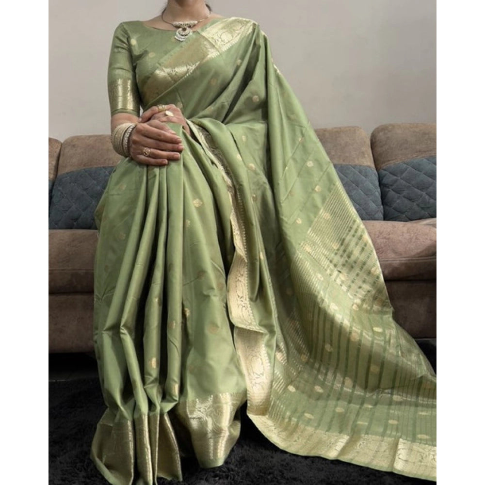 Generic Women's Satin Printed Saree With Unstitched Blouse 5.5Mtr (Green)