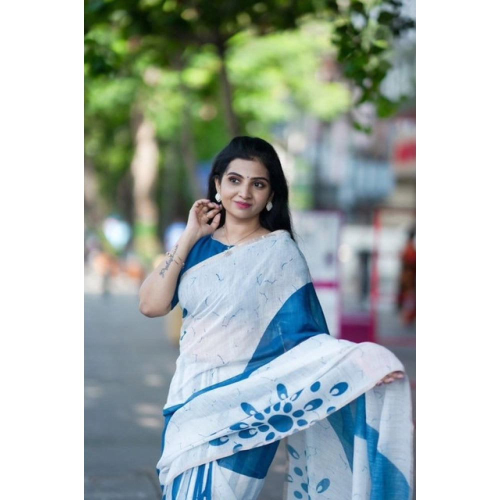 Generic Women's Linen Printed Saree With Unstitched Blouse 5.5Mtr (White)
