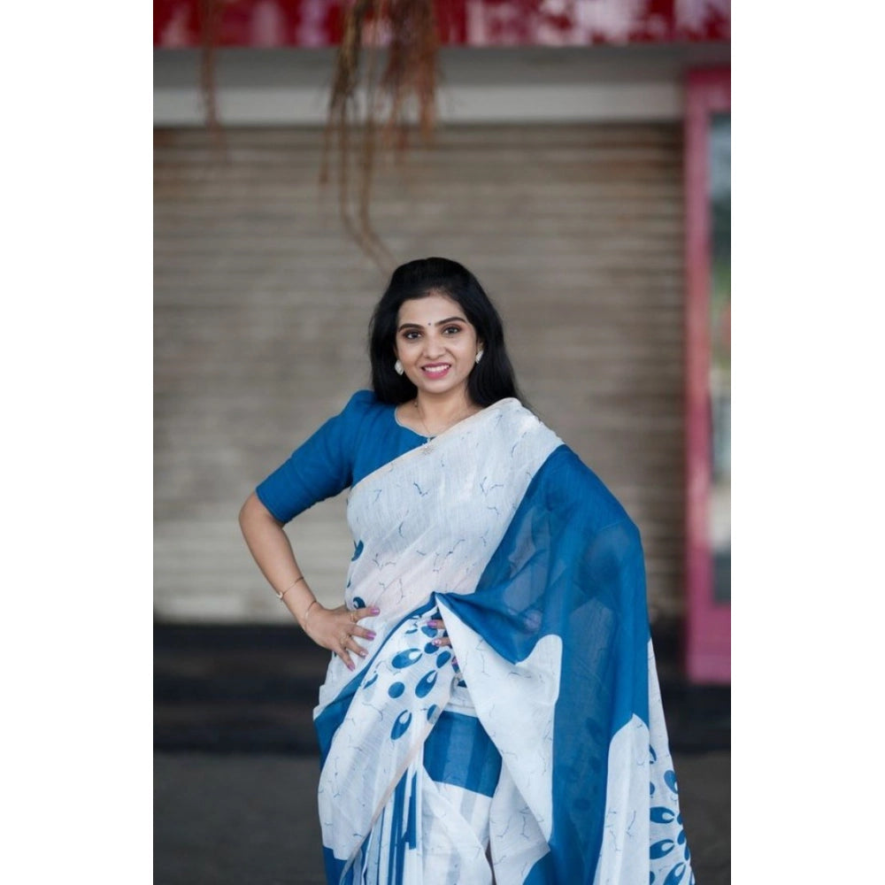 Generic Women's Linen Printed Saree With Unstitched Blouse 5.5Mtr (White)