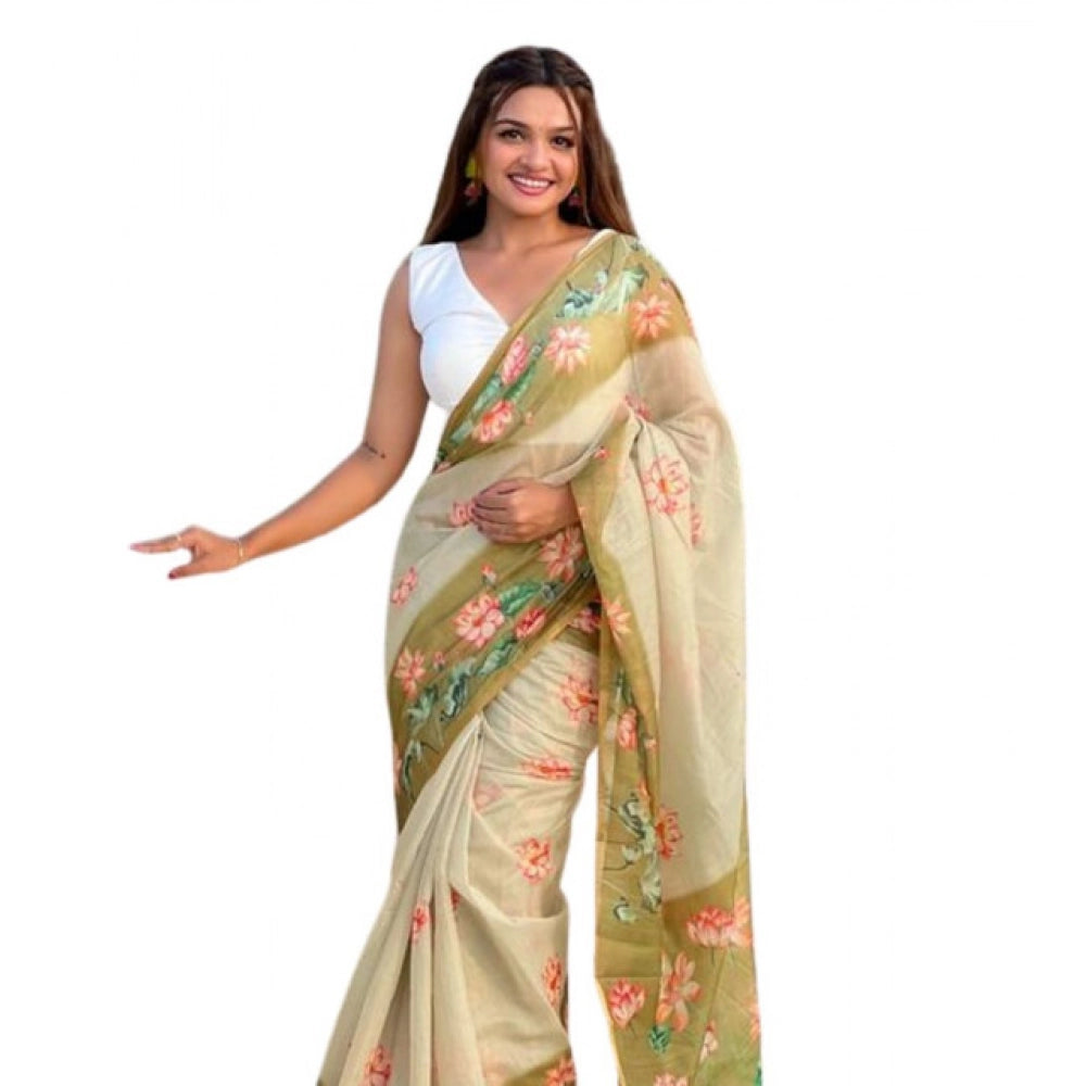 Generic Women's Linen Printed Saree With Unstitched Blouse 5.5Mtr (Mahendi)