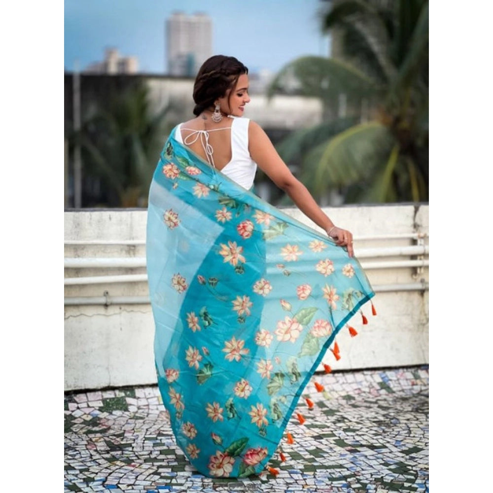 Generic Women's Linen Printed Saree With Unstitched Blouse 5.5Mtr (Aqua)