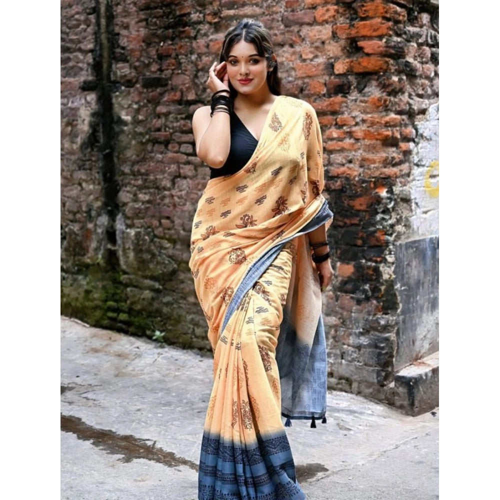 Generic Women's Linen Printed Saree With Unstitched Blouse 5.5Mtr (Peach)