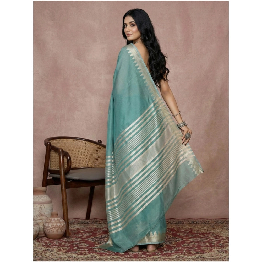 Generic Women's Cotton Printed Saree With Unstitched Blouse 5.5Mtr (Teal)