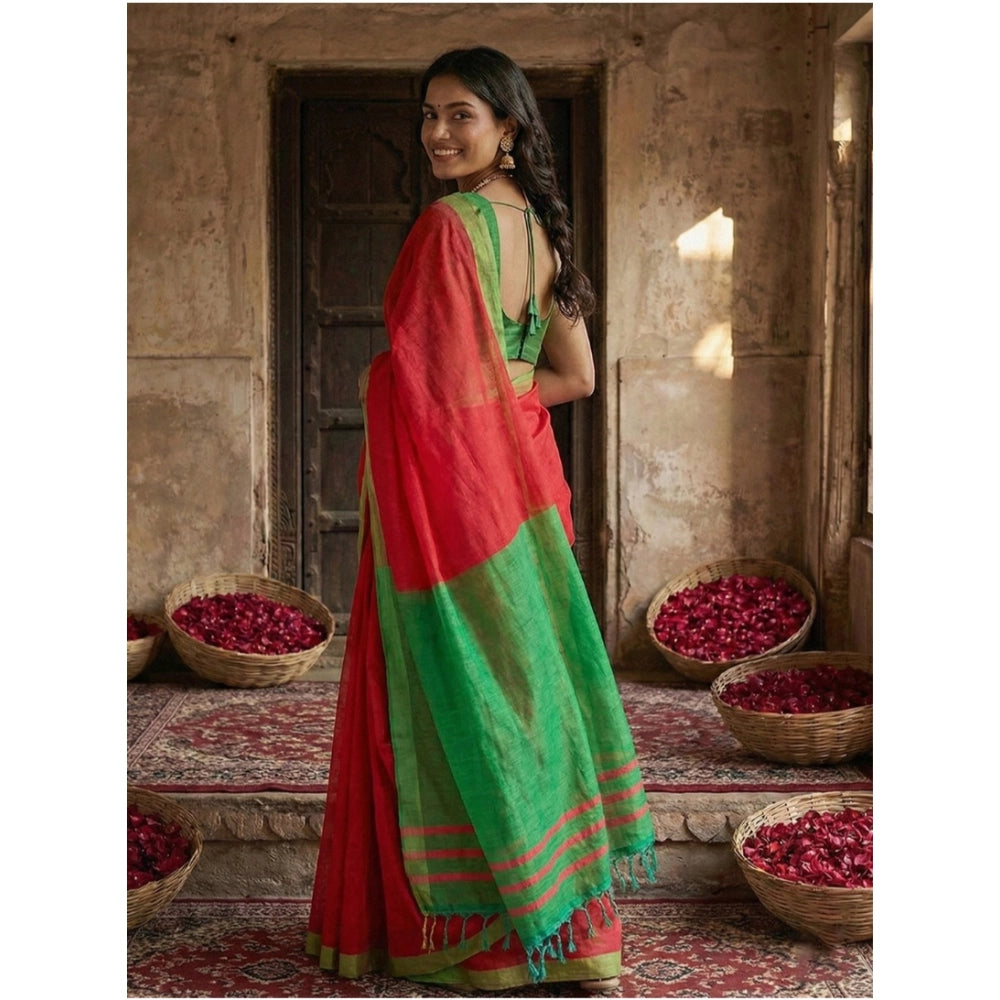 Generic Women's Cotton Printed Saree With Unstitched Blouse 5.5Mtr (Red)