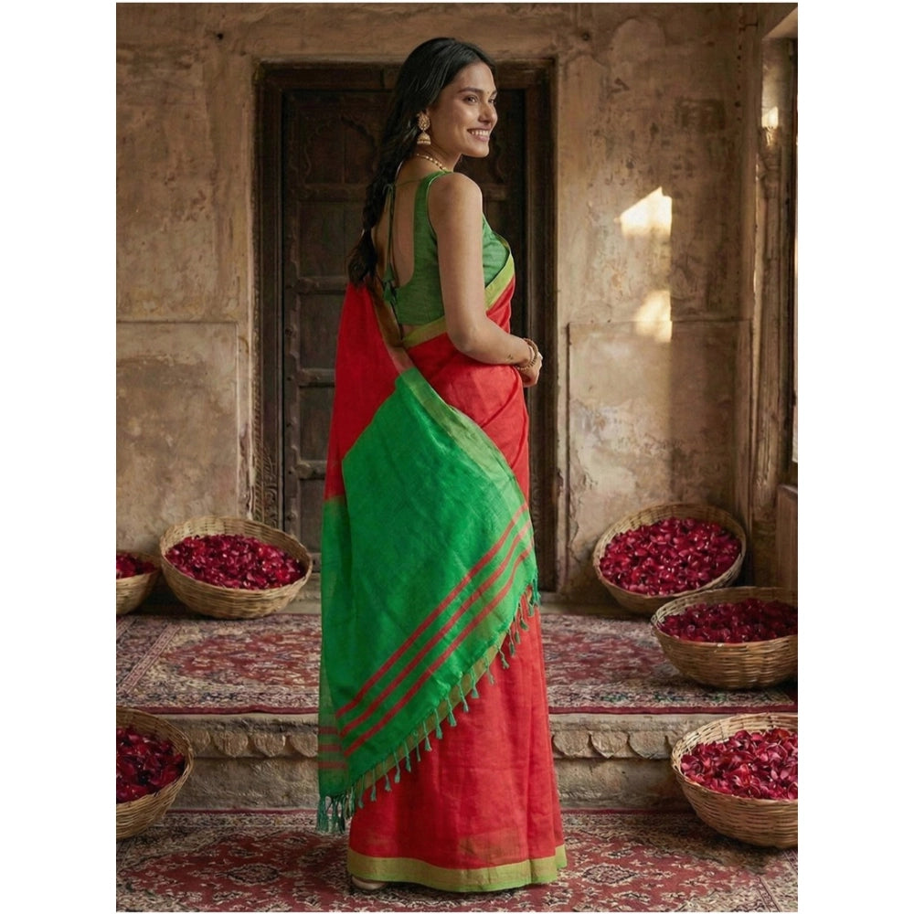 Generic Women's Cotton Printed Saree With Unstitched Blouse 5.5Mtr (Red)