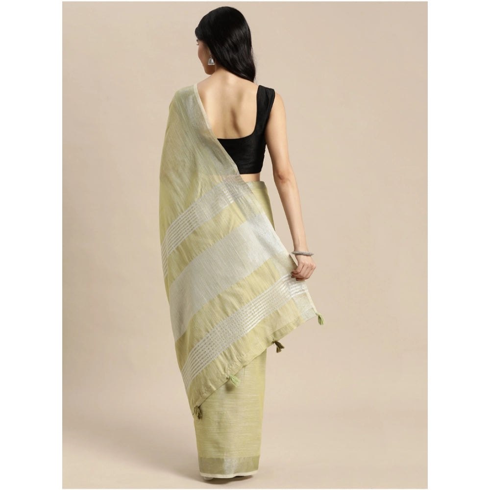Generic Women's Linen Cotton Printed Saree With Unstitched Blouse 5.5Mtr (Olive Green)