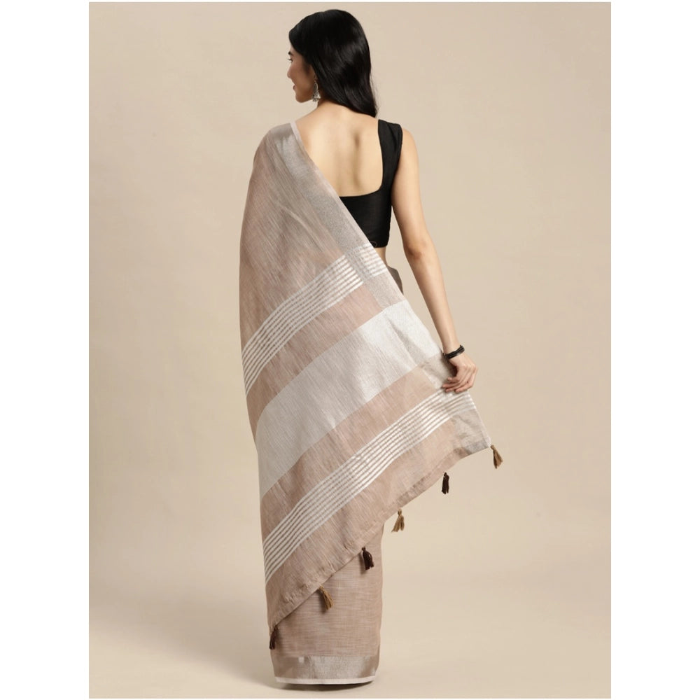 Generic Women's Linen Cotton Printed Saree With Unstitched Blouse 5.5Mtr (Beige)