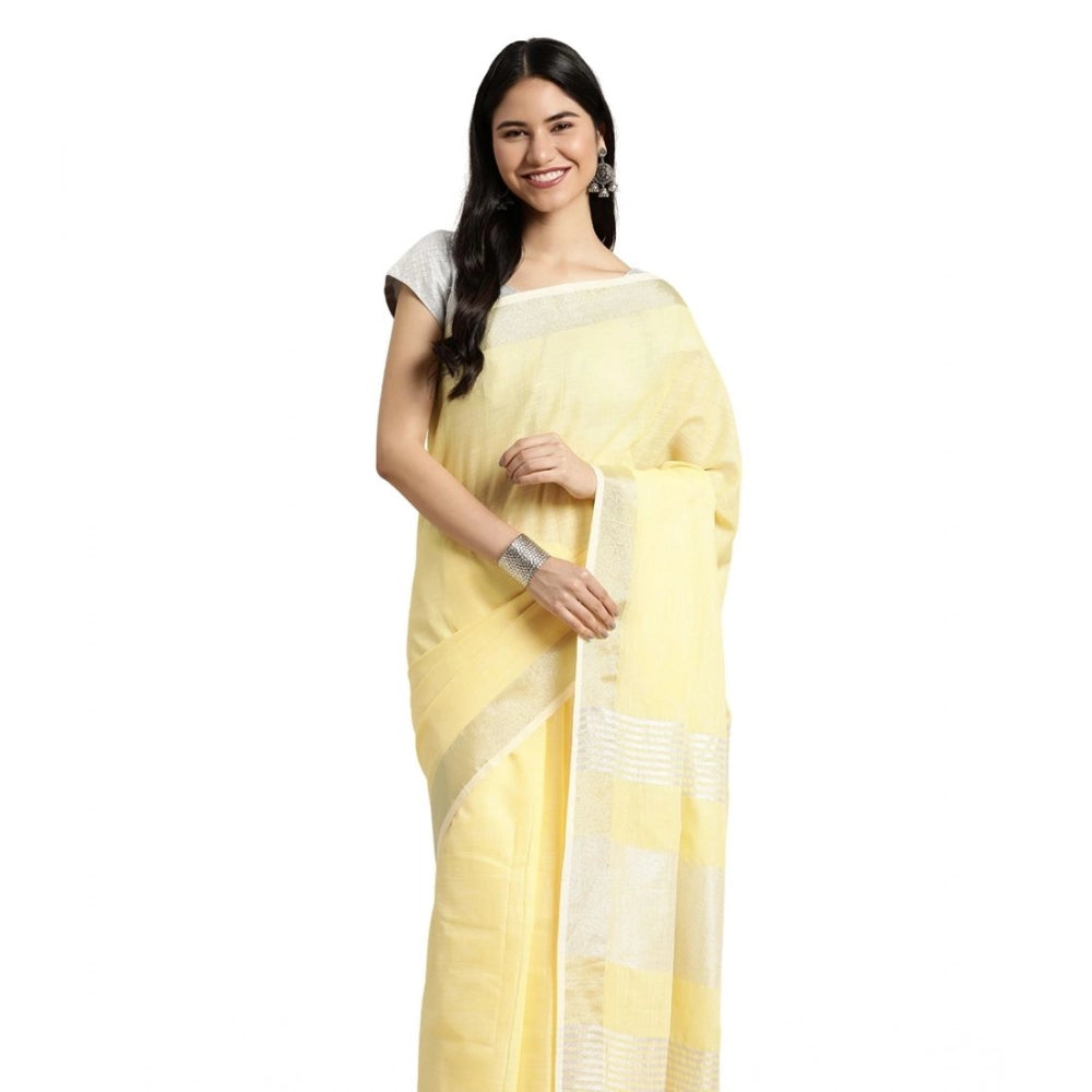 Generic Women's Linen Cotton Printed Saree With Unstitched Blouse 5.5Mtr (Yellow)
