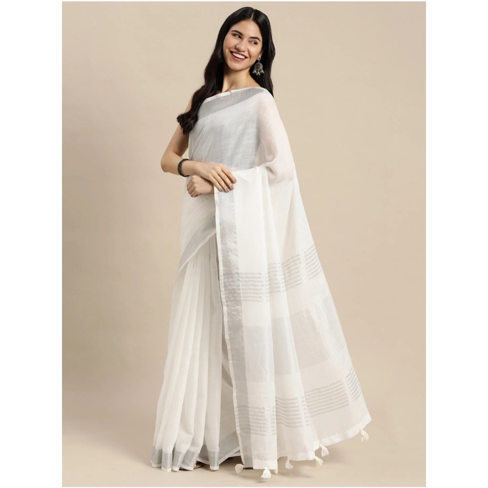 Generic Women's Linen Cotton Printed Saree With Unstitched Blouse 5.5Mtr (White)